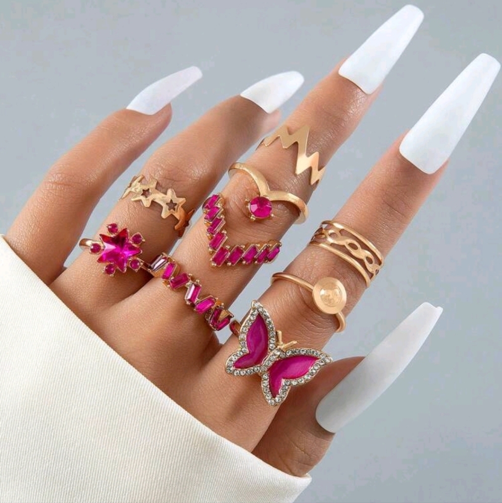 Pink Starlit Butterfly Ring Set